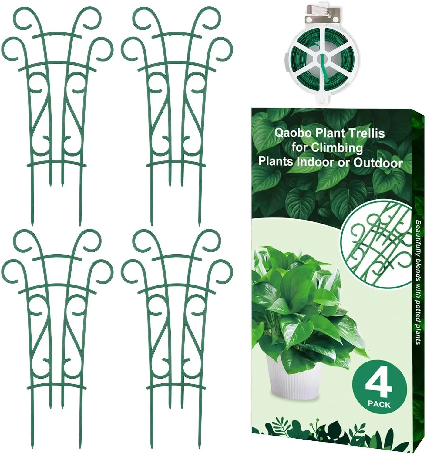 4-Pack Stackable Plant Trellis for Potted Plants, Indoor-Outdoor Climbing Houseplant Support with Garden Wire for Pothos, Hoya, Ivy, Both Indoor/Outdoor