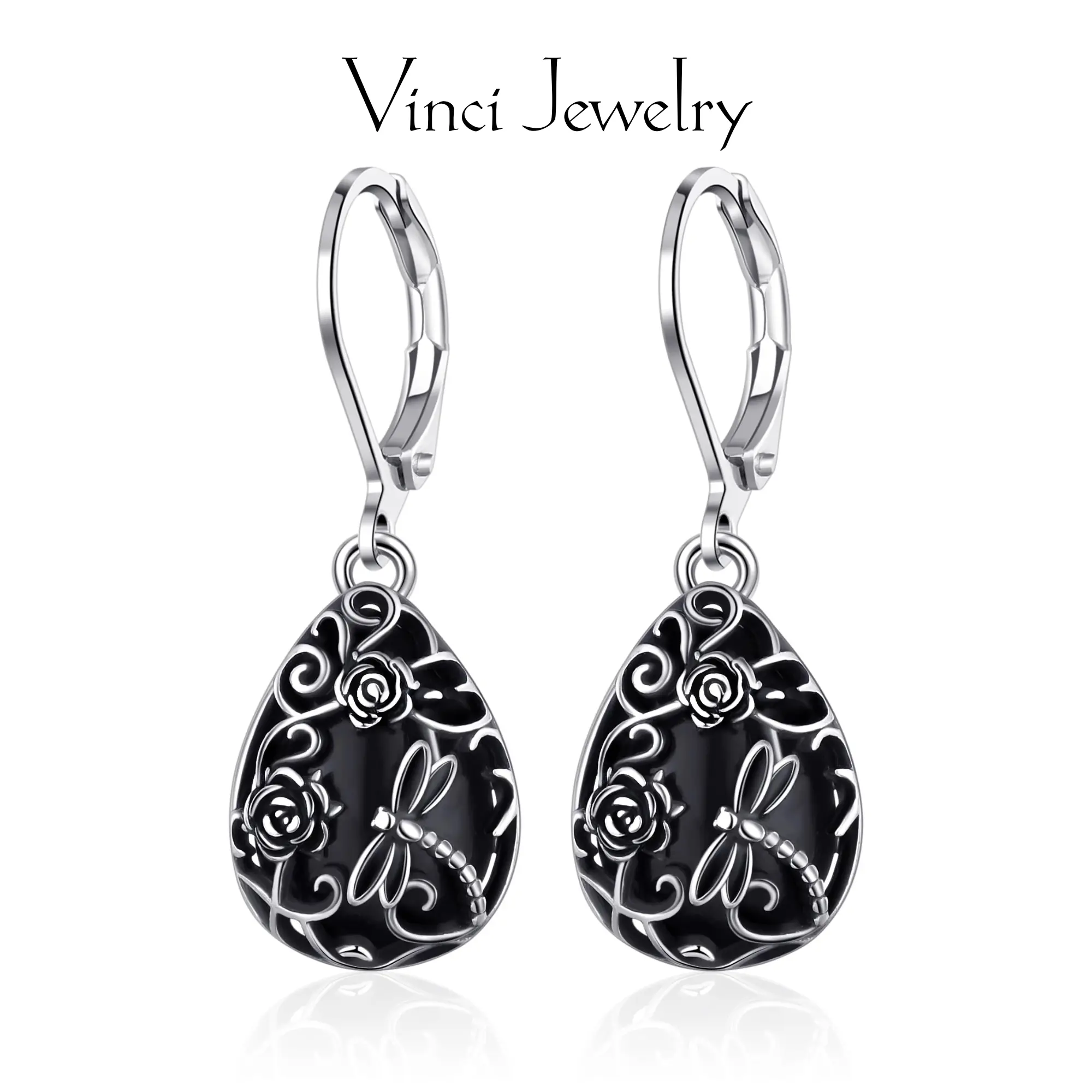 925 Sterling Silver Black Obsidian Teardrop Earrings with Dragonfly Design, Elegant Vintage, Hollow-out Flower for Women, Mystery and Protection Spiritual Healing Jewelry for Girls for Daliy Wear