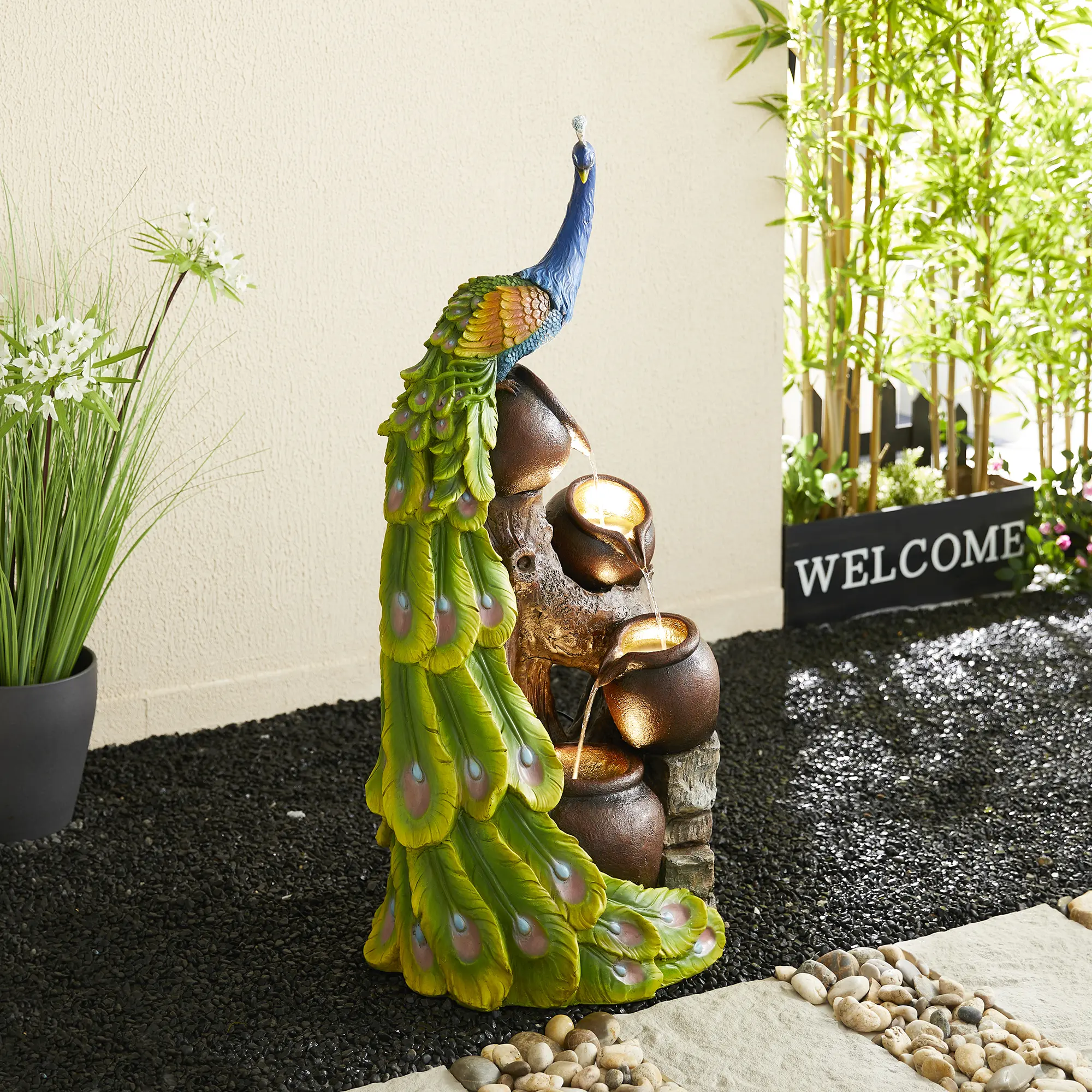 Glitzhome 40"H Oversized 4-Tiered Peacock and Jars Polyresin Outdoor Floor Fountain with Pump and LED Light, with Remote Controller(KD)
