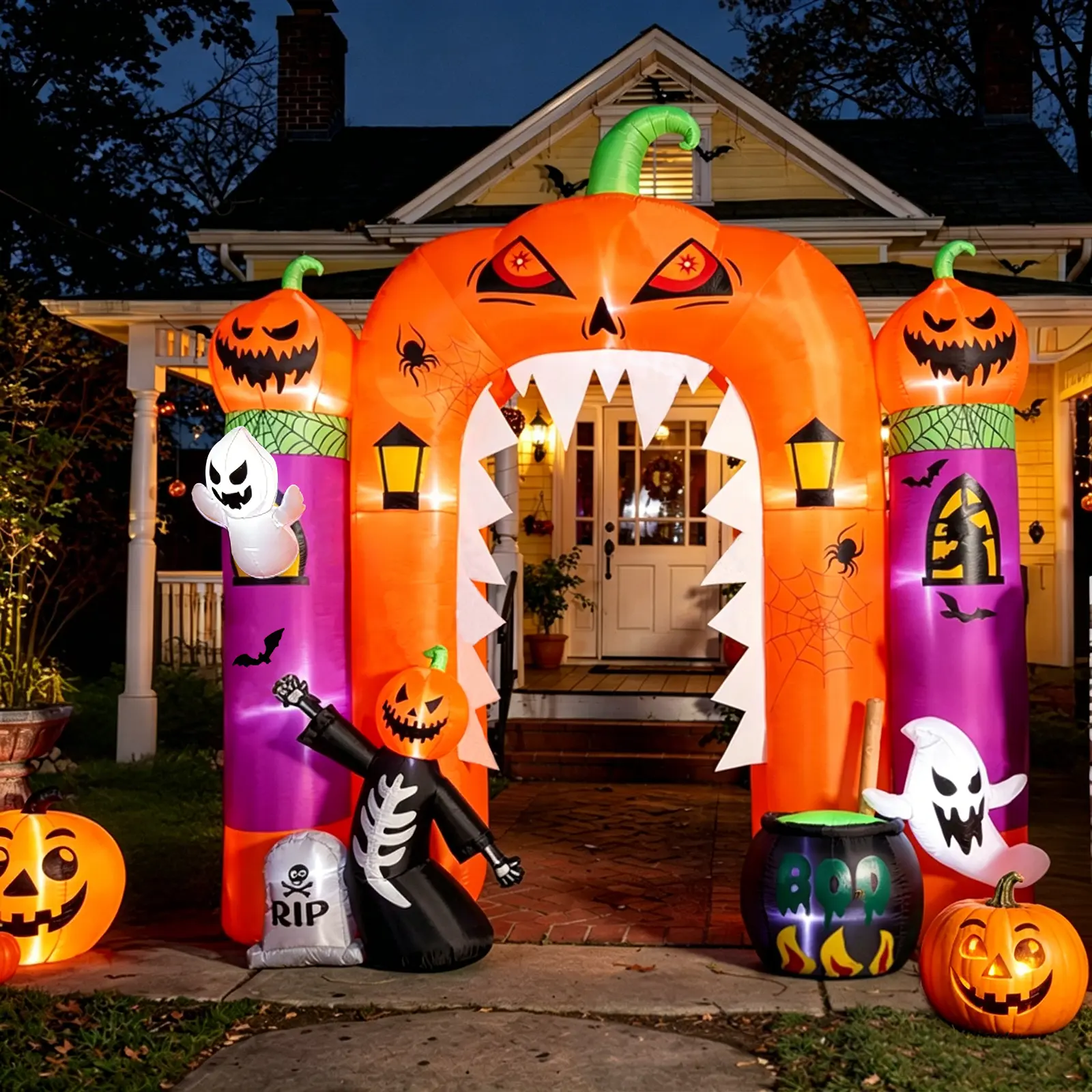 SHareconn Giant 10FT Tall PVC Spooky Blow Up Pumpkin Decor, LED-Lit Holiday Decoration, Indoor/Outdoor Halloween Front Porch Lawn Garden Decor, Festive