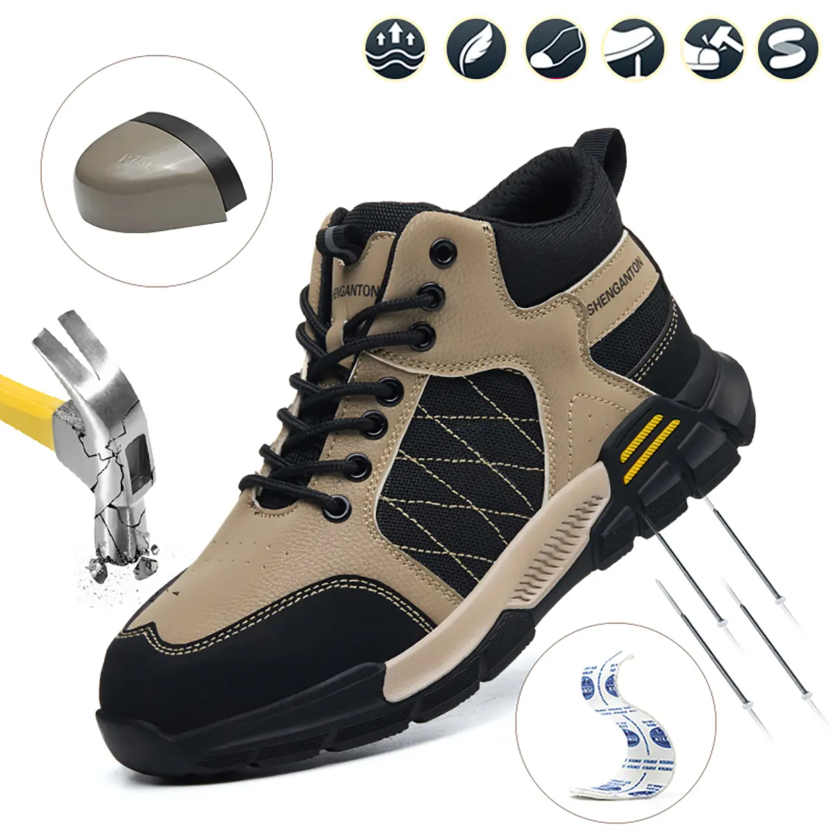 Men’s high-top safety work boots with steel toe cap, anti-impact and anti-penetration protection, lace-up design, durable EVA sole, suitable for hiking, outdoor activities, industrial use, and all-season trekking