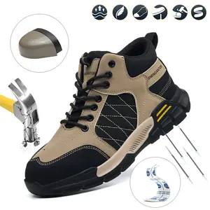 Men’s high-top safety work boots with steel toe cap, anti-impact and anti-penetration protection, lace-up design, durable EVA sole, suitable for hiking, outdoor activities, industrial use, and all-season trekking