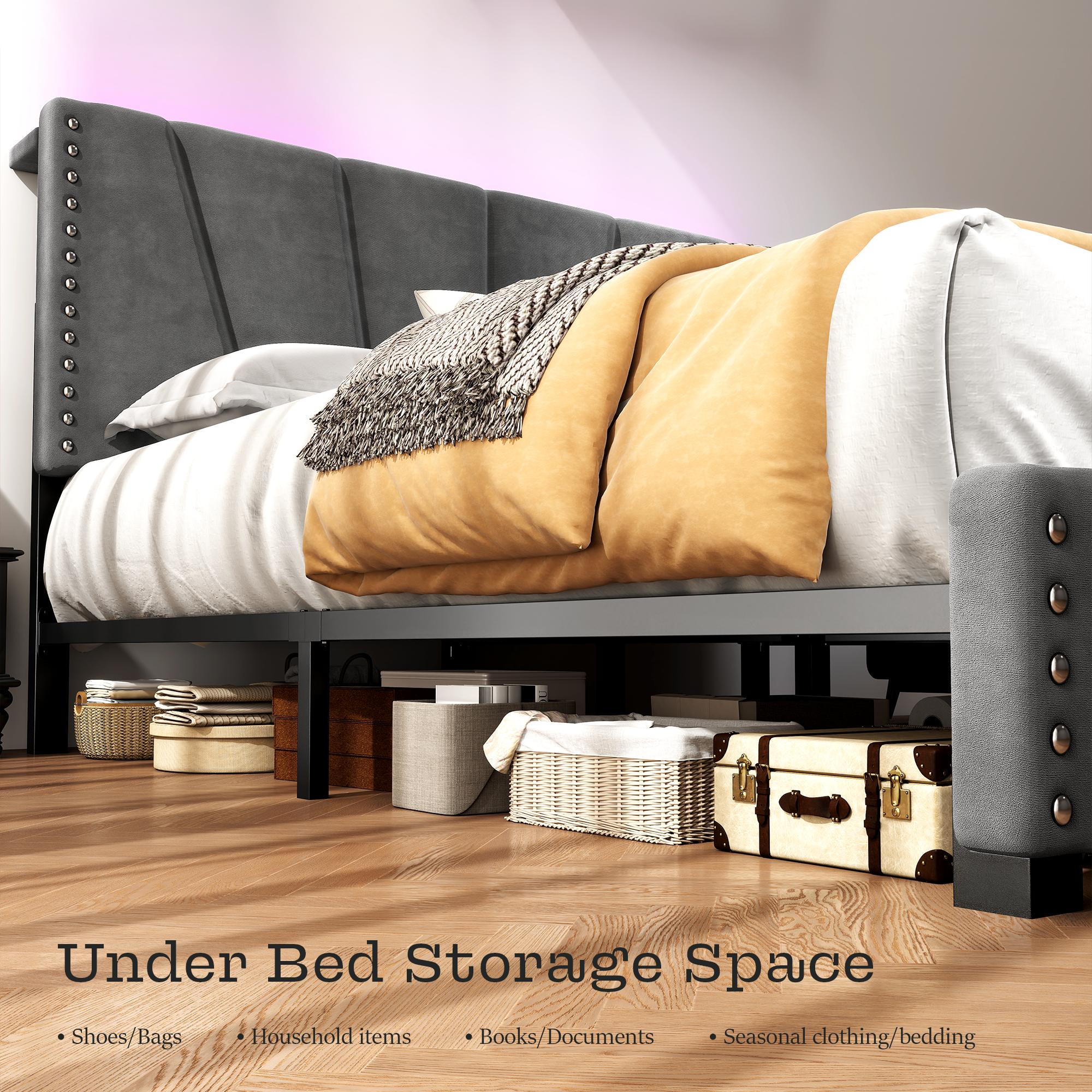 Raybee LED Bed Frame for Queen King Full Bed frame with Storage Headboard & Charging Station, No Mattress, Luxury Upholstered Platform Bed Frames, Holds 881lbs, No Box Spring Needed,Noise Free, Bedroom Furniture