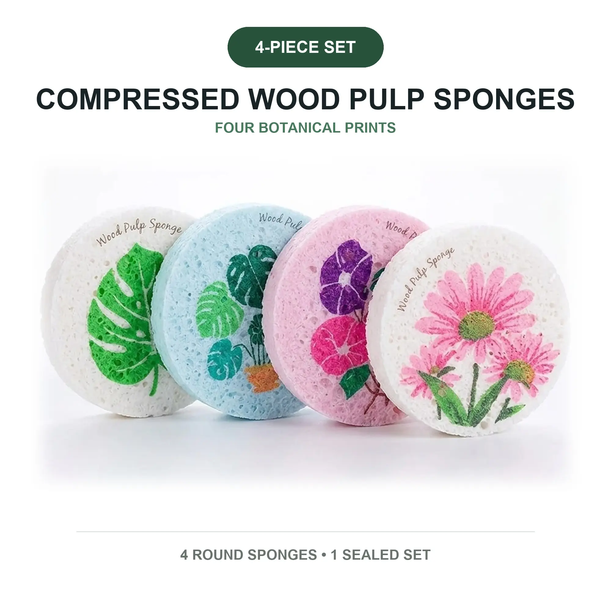 4-Pack Cellulose Dish Sponges, Compressed Expandable Wood Pulp Kitchen Sponges with Floral Prints, Soft Scrubber Pads for Dishes, Pots, Pans, Sink and Countertop
