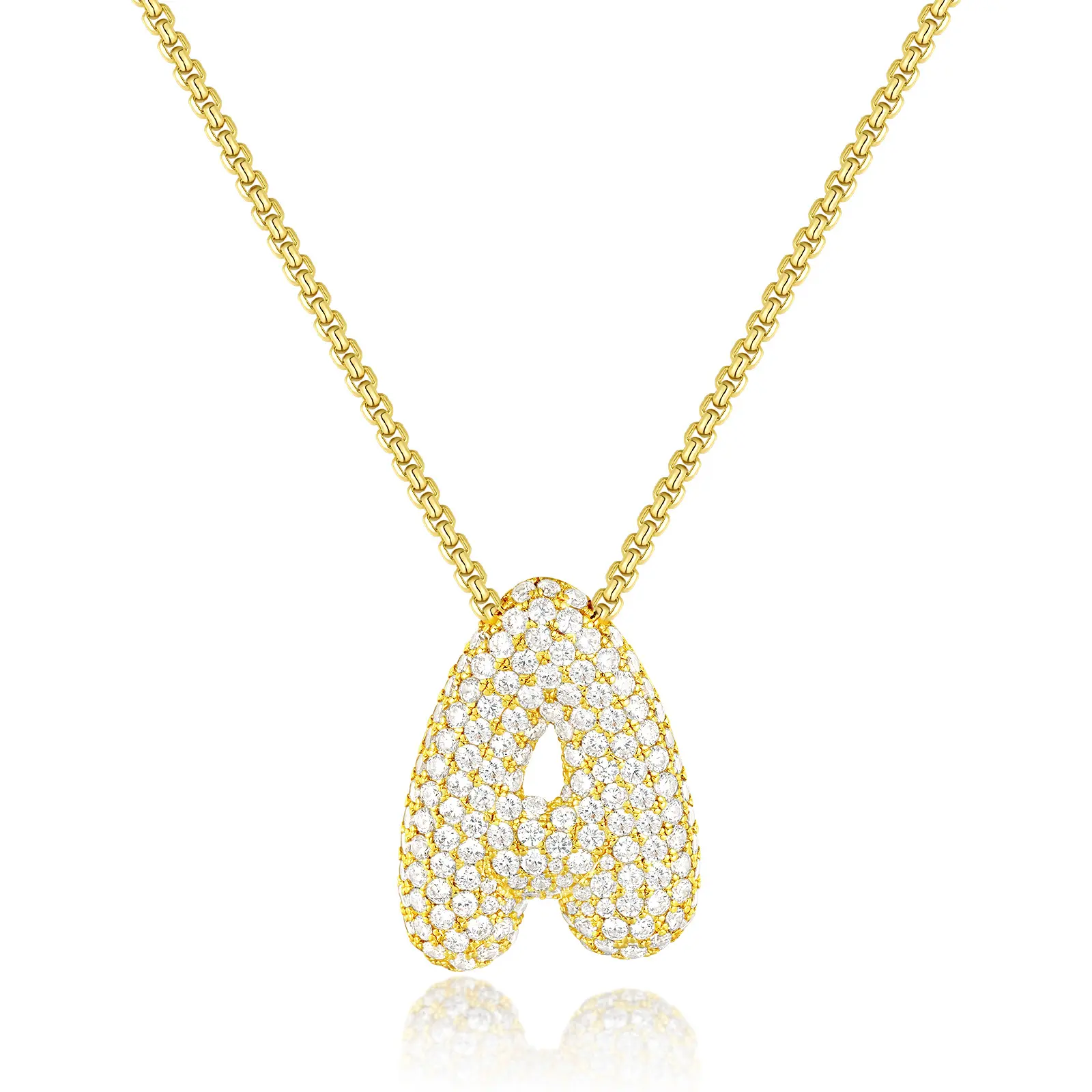 KissYan Bubble Letter Necklace, 14K Gold Plated Balloon Initial Pendant Box Chain Necklace Dainty Pave CZ Jewelry Gift for Women