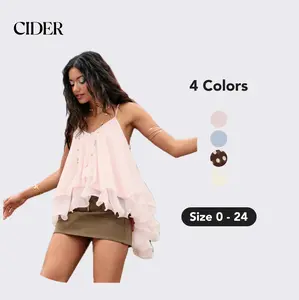 Cider Ruffle Knotted Cami Top – Flattering Layered Mesh Tank for Women， Conceals Bra Side， Soft Summer Top for Date Night & Beach