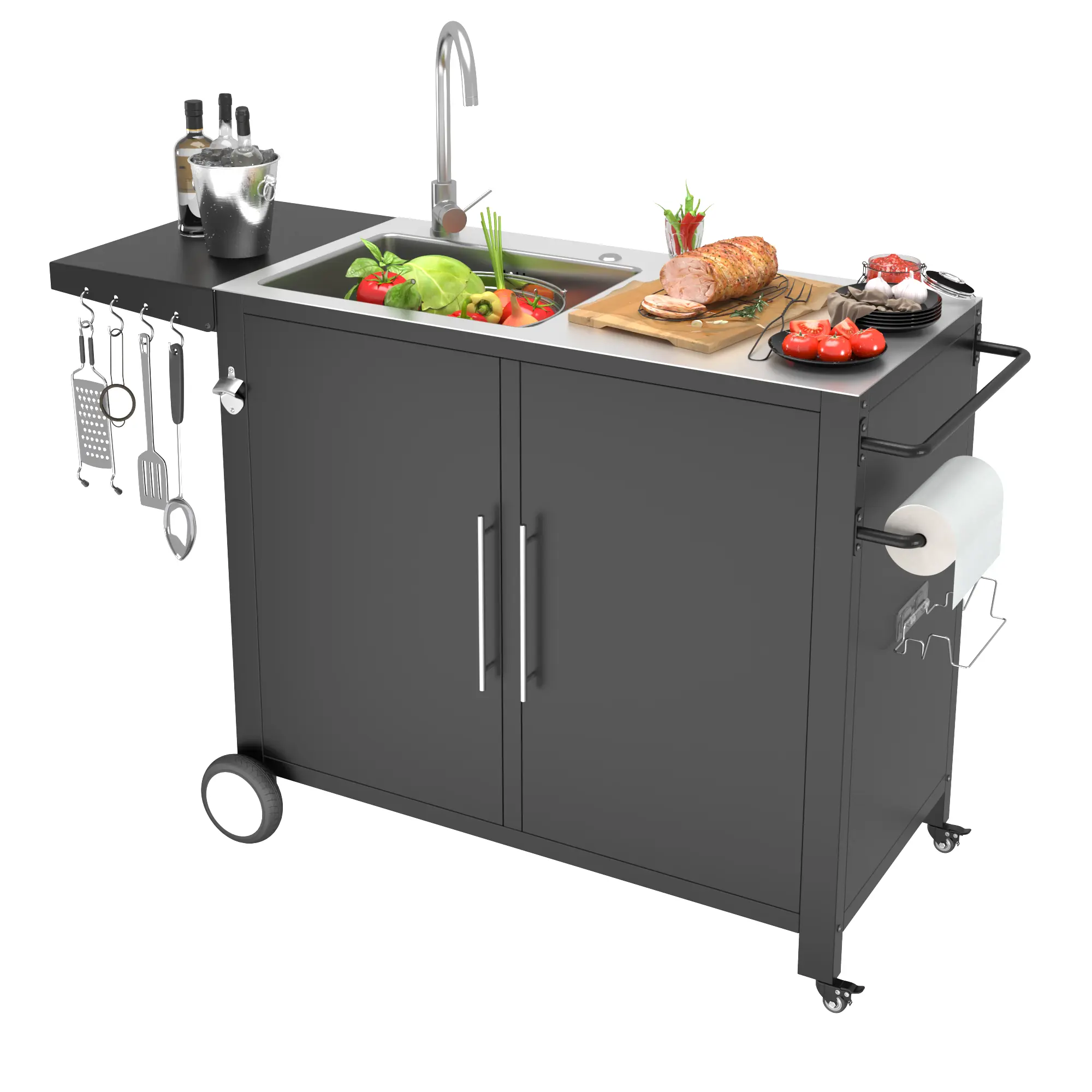[New Product] AECOJOY Outdoor Kitchen Sink with Hose Hook Up Stainless Steel Grill Prep Table Rolling Pizza Oven Stand BBQ Table for Garden Backyard Lawn Heavy-Duty Commercial-Grade Construction Smart Multi-Functional Adjustable Accent Storage Cabinet