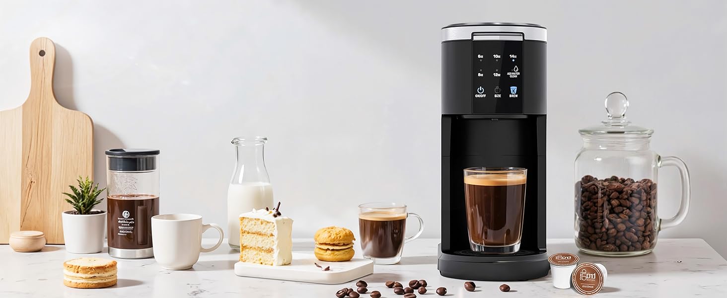 KISSAIR Single Serve coffee  machines for Capsule and Ground Coffee, 6 to 14oz Brew Sizes, 40oz Removable Reservoir, Fast Brew, Compact Design, Travel Mug Friendly, Black