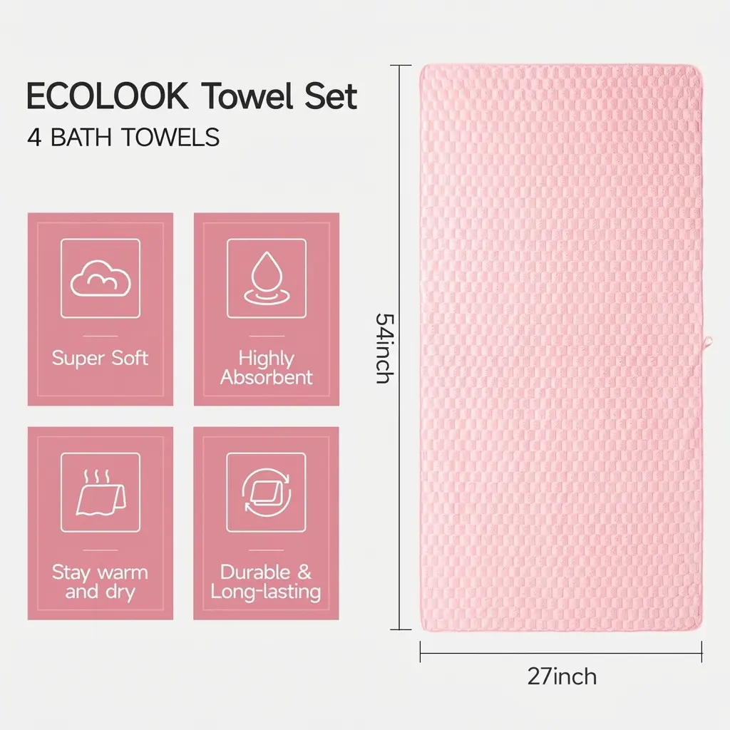 Microfiber Waffled Bath Towels Set - 4 Multicolor Premium Multifunctional Wash Towels, Extra Large, Super Absorbent, Quick Dry, Plush, Double-Stitched Edges for Bathroom, Spa Use