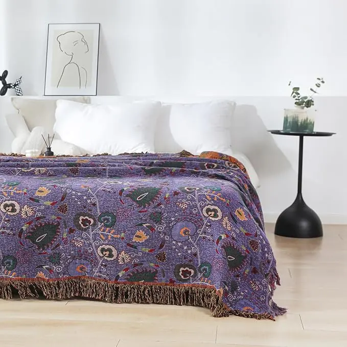 Boho Throw Blanket for Bed 100% Cotton Ultra Soft Rustic Quilt Farmhouse Decor Bed Summer Blanket,All Season Rustic Throw for Sofa Couch Chair-Flower-Purple