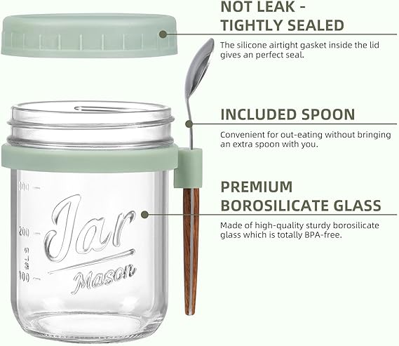 BASIC SUPPLY 6 Pack Overnight Oats Containers with Lids and Spoons, 16 oz Glass Mason Overnight Oats Jars, Large Capacity Airtight Jars for Milk, Cereal, Fruit