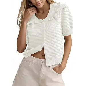 Cicy Bell Womens Ruffle Cardigan Sweater Puff Short Sleeve Button Up Eyelet Tops Ribbed Knit Peter Pan Collar Cardigans