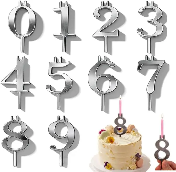 Reusable Sturdy Silver Metal Cake Number Candle Holder Set (A-1) - Set of 10, 0-9 Number Shaped Candle Cake Decorating Supplies, Secure Minimalist Smooth Contemporary Insert Toppers, Easy to Clean, Fits Birthdays & Graduations, Bakers’ Gift