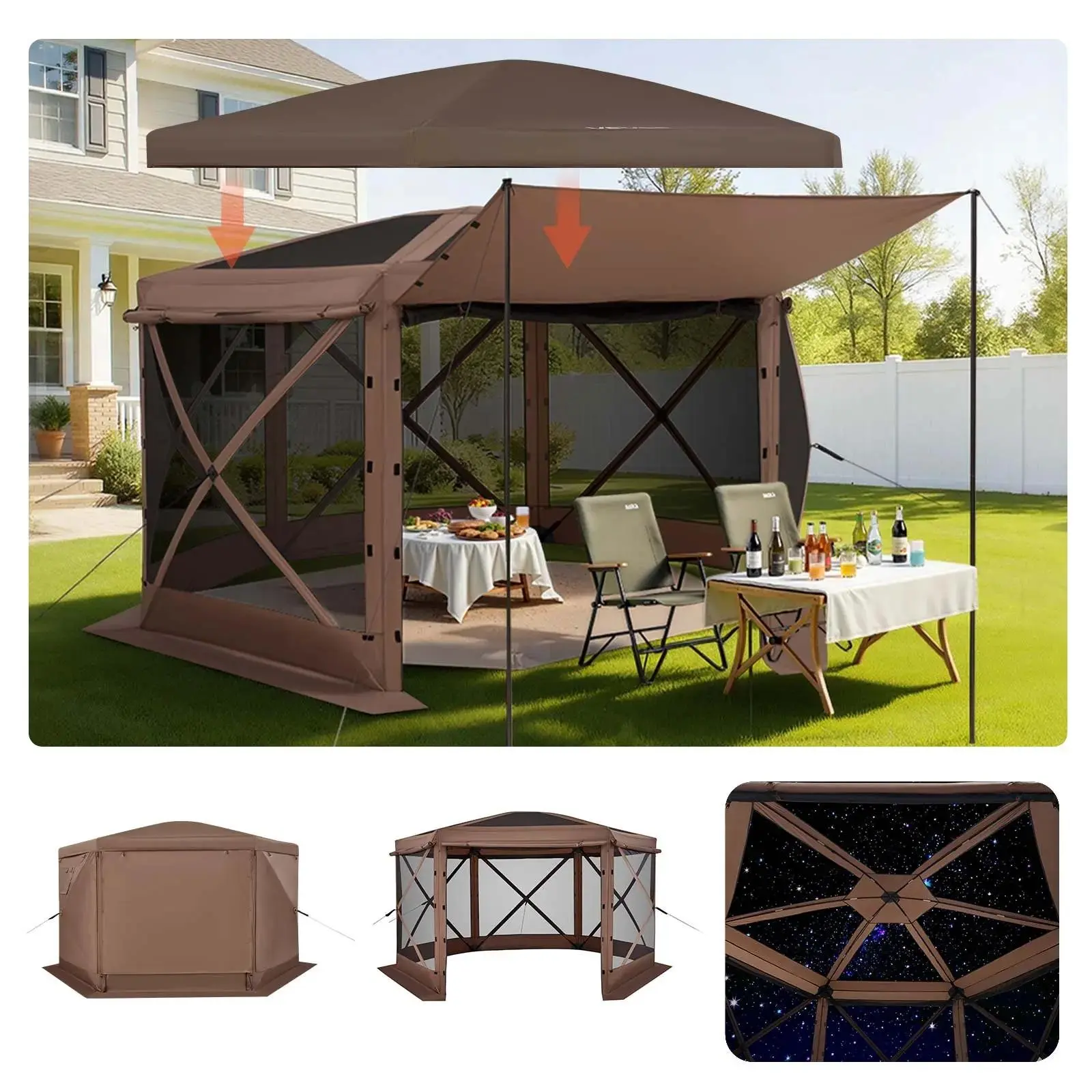 【SummerFinds】VEVOR Sturdy 12x12 ft 6-Sided Portable Gazebo Outdoor Patio Screen House, Removable Top, Tent Stakes, Carry Bag, Quick-Set Bite-Proof Sun Shelter for 8-10 Persons Backyard, Brown, Tents for Camping,home decor,camping essentials