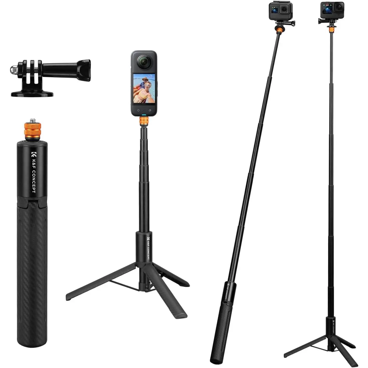 K&F Concept Invisible Mode Camera Selfie Stick Tripod - 120cm/47.2in Portable Aluminium Adjustable Compact Monopod, 1/4" Thread Extension Pole with GoPro Adapter, Compatible with Insta360 X5/X4/X3, GoPro Hero 13/12/11, DJI OSMO 360 Pocket 3
