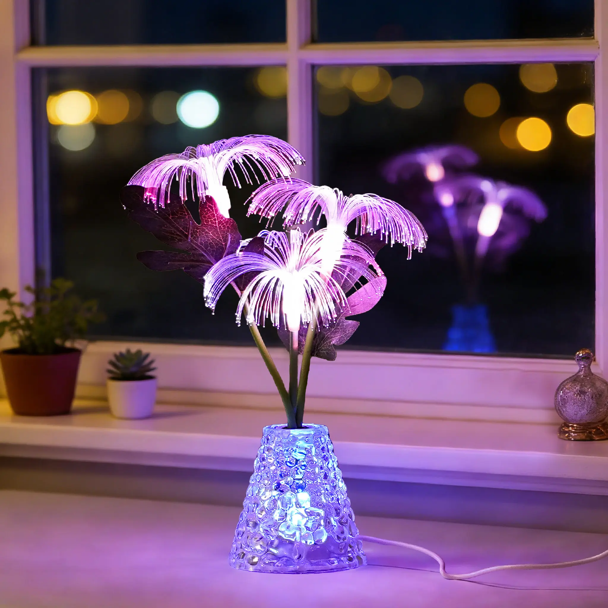 Color Changing Fiber Optic Firework Flower Table Lamp - Water Ripple Textured Transparent Plastic Vase LED Night Light, USB & Battery Dual Powered Compact Romantic Glow Floral Mood Lamp, Bedroom Vanity Decor, Valentine's Day Gift Box for Women