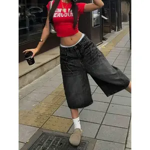 Street retro washed cat whisker pocket style wide leg Bermuda jeans denim Jorts casual shorts cut pants fabric fit pants streetwear jeans women