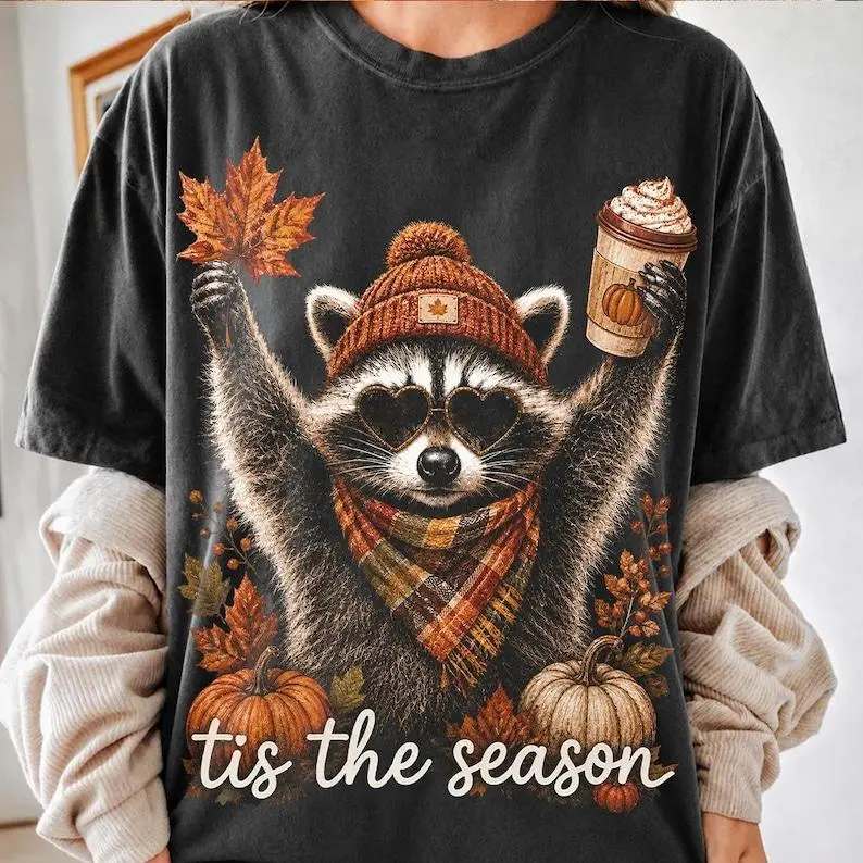 Comfort Colors Retro Autumn Raccoon Shirt, Funny Raccoon Pumpkin Tee, Cute Fall Animal T-Shirt, Coffee Lover Graphic Shirt, Vintage Autumn Shirt, Thanksgiving Gift