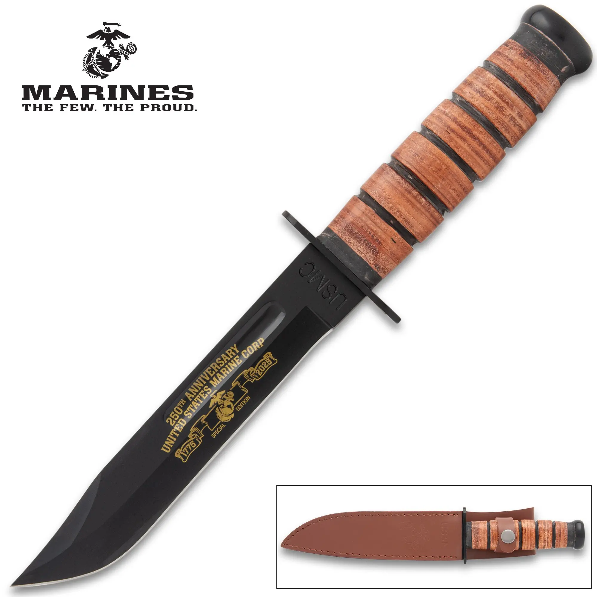 USMC 250th Anniversary Combat Knife & Leather Sheath USMC 250th Anniversary Combat Knife & Leather Sheath