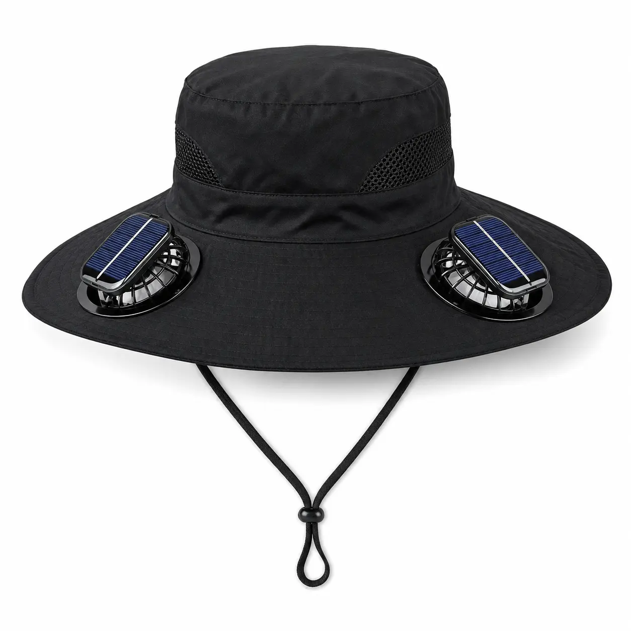 Solar Fan Bucket Hat for Men and Women, Wide Brim Outdoor Sun Hat with Dual Fans, Breathable Mesh, Adjustable Chin Cord for Fishing, Gardening, Hiking and Camping
