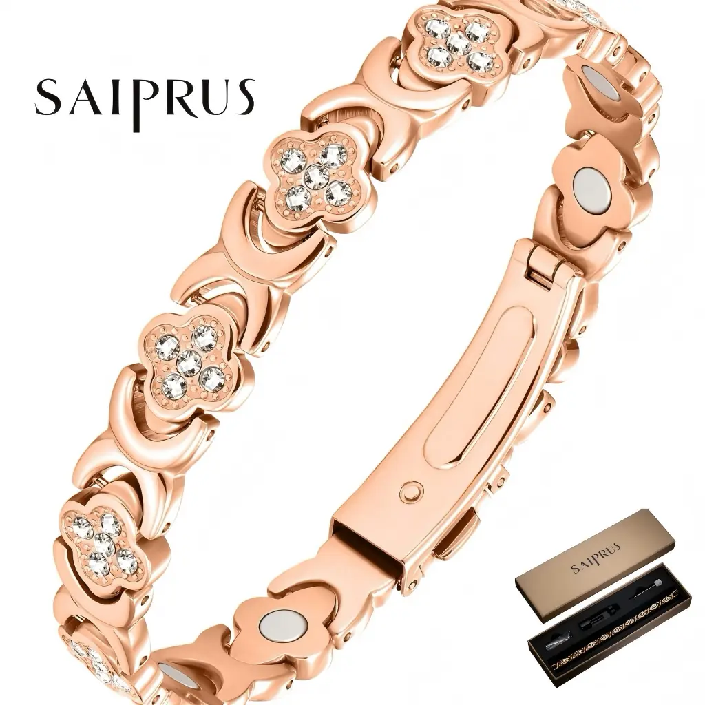 SAIPRUS Women's Rose Gold Plated Pure Copper Magnetic Bracelet - Elegant Bangle, Lucky Clover Design, 3500 Gauss Magnetic Force, Floral Stones, Arm Candy Accessories, Gift Box Packaging, Clover Motif