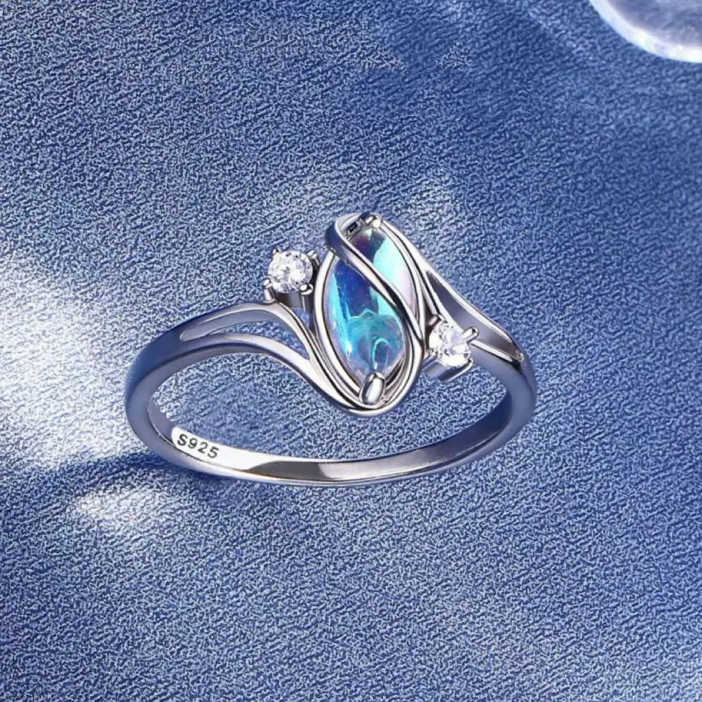 925 Synthetic Moonstone Ring with 5A CZ Accent Design, Elegant Women's Rainbow Stone Jewelry for Girls, Romantic Moon Ring Perfect Gift for Lover as Birthday and Christmas, for Daily Wear and Party,Mother's day Gift, Moonstone Rings