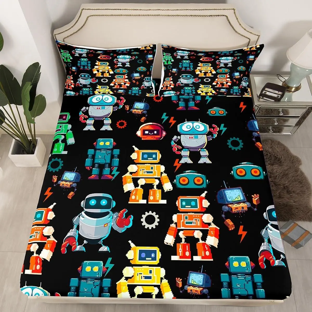 Feelyou Robot Print Microfiber Bedding Set - Space Theme, Fitted Sheet, Pillowcases, Safe Materials, Room Decor, Set Includes Core Bedding Pieces