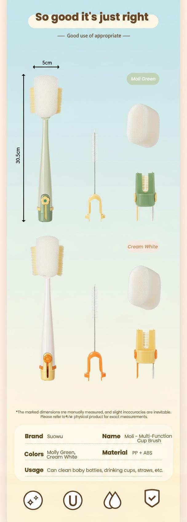 5-in-1 Bottle & Straw Cleaning Brush – Multifunctional Tool for Bottles, Cups, Straws (Cream White/Jasmine Green)-suhui