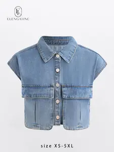 Elengatine Bohemian Style Cool Denim Vest with Rounded Collar & Wide Shoulders Slit Pockets Button-front Closure for Women's Autumn Fashion