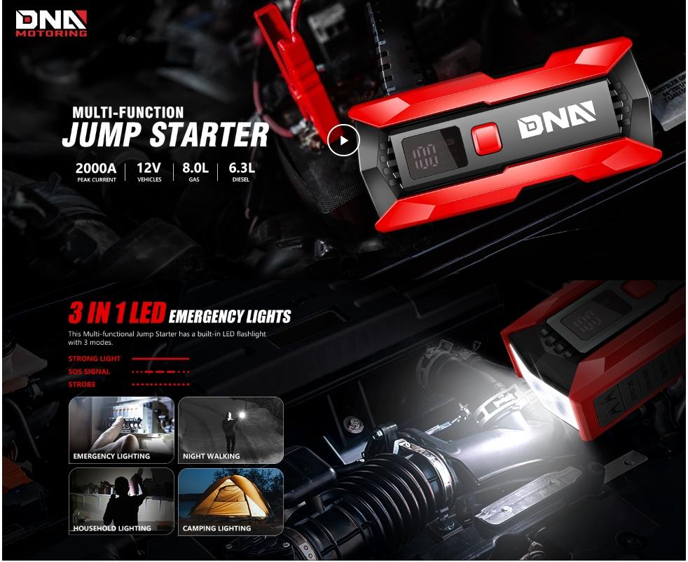 DNA MOTORING ‎12V 2000A Multi-function Portable Car Battery Jump Starter for Up to 8.0L Gas & 6.3L Diesel Engine, With Carry Case