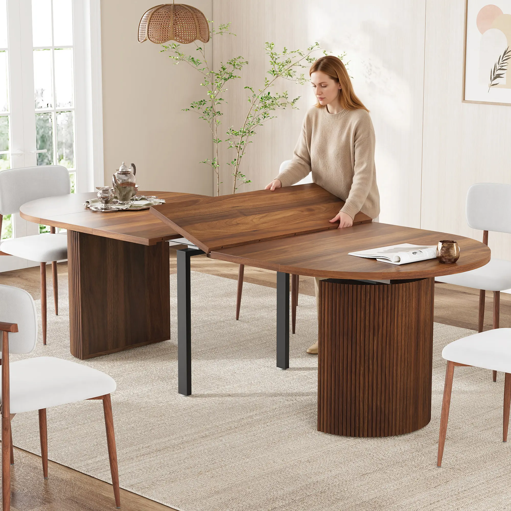 Giratree Modern Adjustable Round/Oval Expandable Dining Table - 41.7"-78.7" Size, Fluted Base, Seats 4-8, Kitchen Dinner Table, Round Expandable Dining Room Furniture