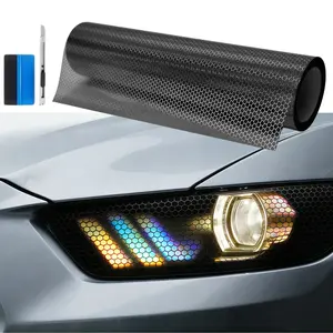 FONESO Headlight Taillight Tint Film Tool Kit, with Squeegee and Cutter - 12 x 60 Inches Honeycomb Vinyl Tint Wrap Decals Protector Sticker - Tear Off without Residue, HEX Self Adhesive Fog Lights Sticker Sheet Roll for Car Lights Cover - 5FTx1FT