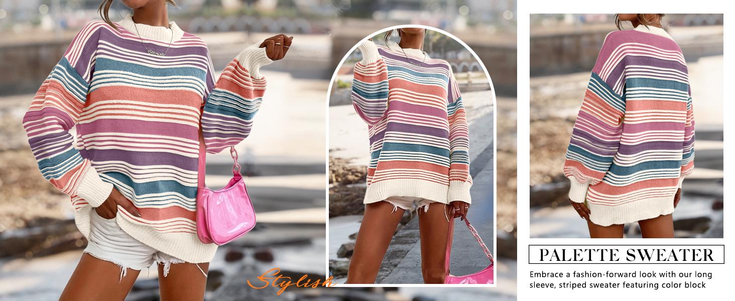 UTCOCO Women's Oversized Rainbow Contrast Striped Long Sleeve Soft Bold Stylish Non-Customized Knit Pullover Sweater, 2026 Fall Winter Casual Tops, Soft Women's Pullovers