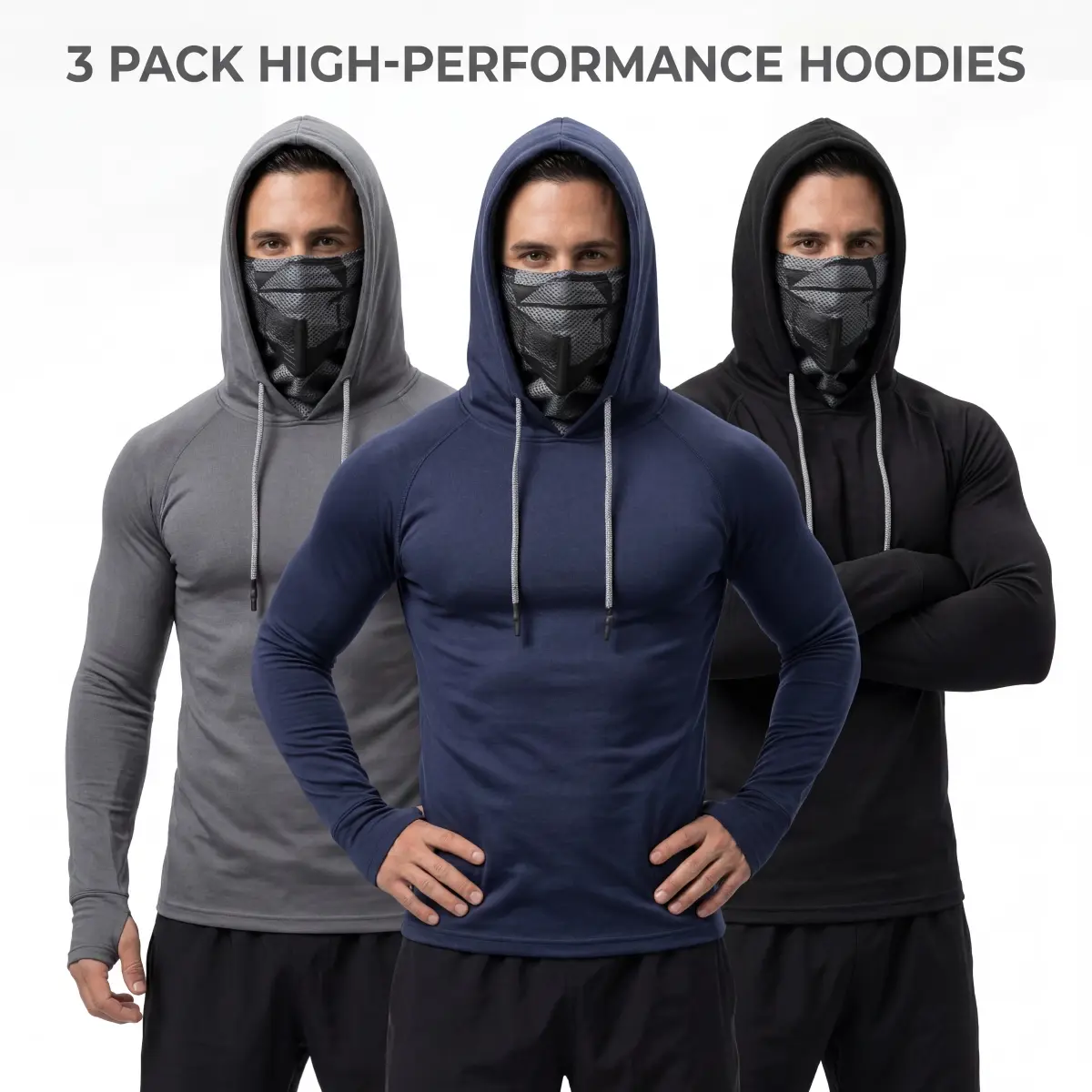 Men's 3-Pack UPF 50+ Sun Protection Hoodies, Long Sleeve Quick-Dry Shirts with Face Cover & Thumb Holes, 4-Way Stretch Lightweight Tops for Fishing & Hiking, Sports Tops, Smooth, Plus Size, Male