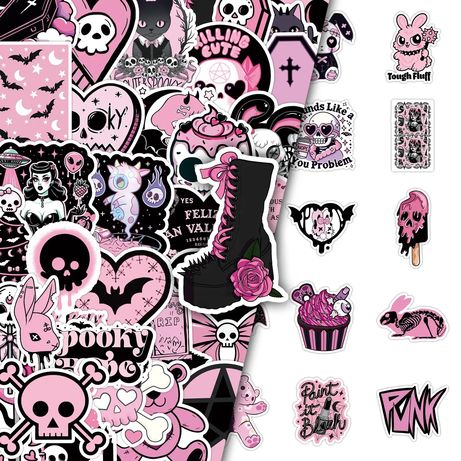 100PCS Black Pink Gothic (2 Duplicate Sets) - Edgy Aesthetic Decals Art Stickers Diy Decorative Stickers for DIY, Journals, Laptop Decoration Sticker Sheets