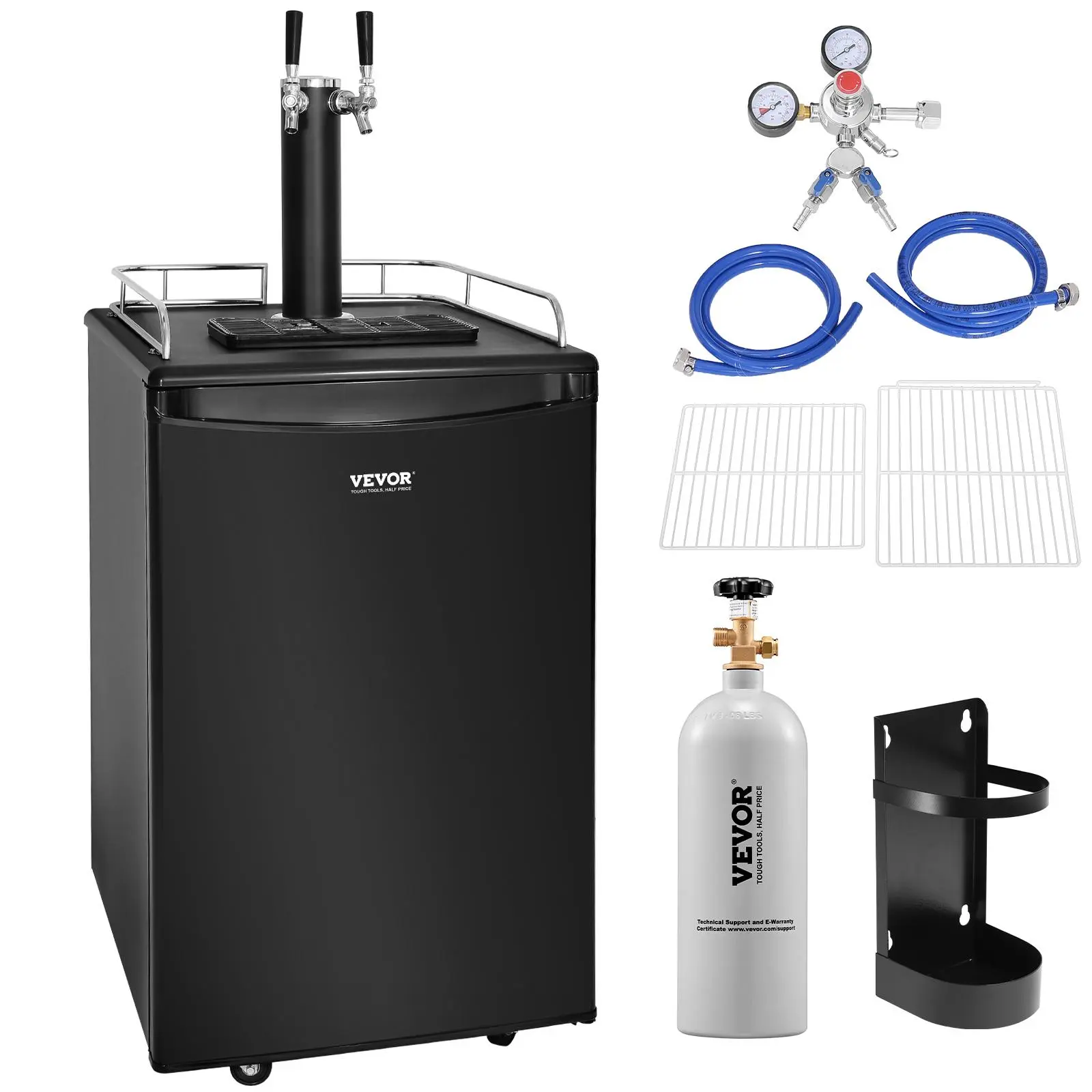 VEVOR Dual Tap Beer Kegerator, Full Size Keg Refrigerator with CO2 Cylinder, Shelves, Drip Tray, Rail, Beer Line & Hose Clamps, 32°F-50°F Auto-Defrosting Temperature Control, Holds 1/6,1/4,1/2 Barrels, Power Outage Resilient, All Seasons Use