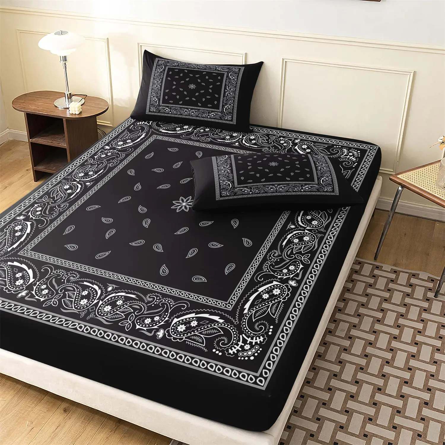 Boho Paisley Bohemian Printed Satin Bedding Set, Soft Comfy Bedding, 3pcs/set Including 1 Fitted Sheet & 2 Pillowcase without Filler, Soft Comfortable Breathable Sheets