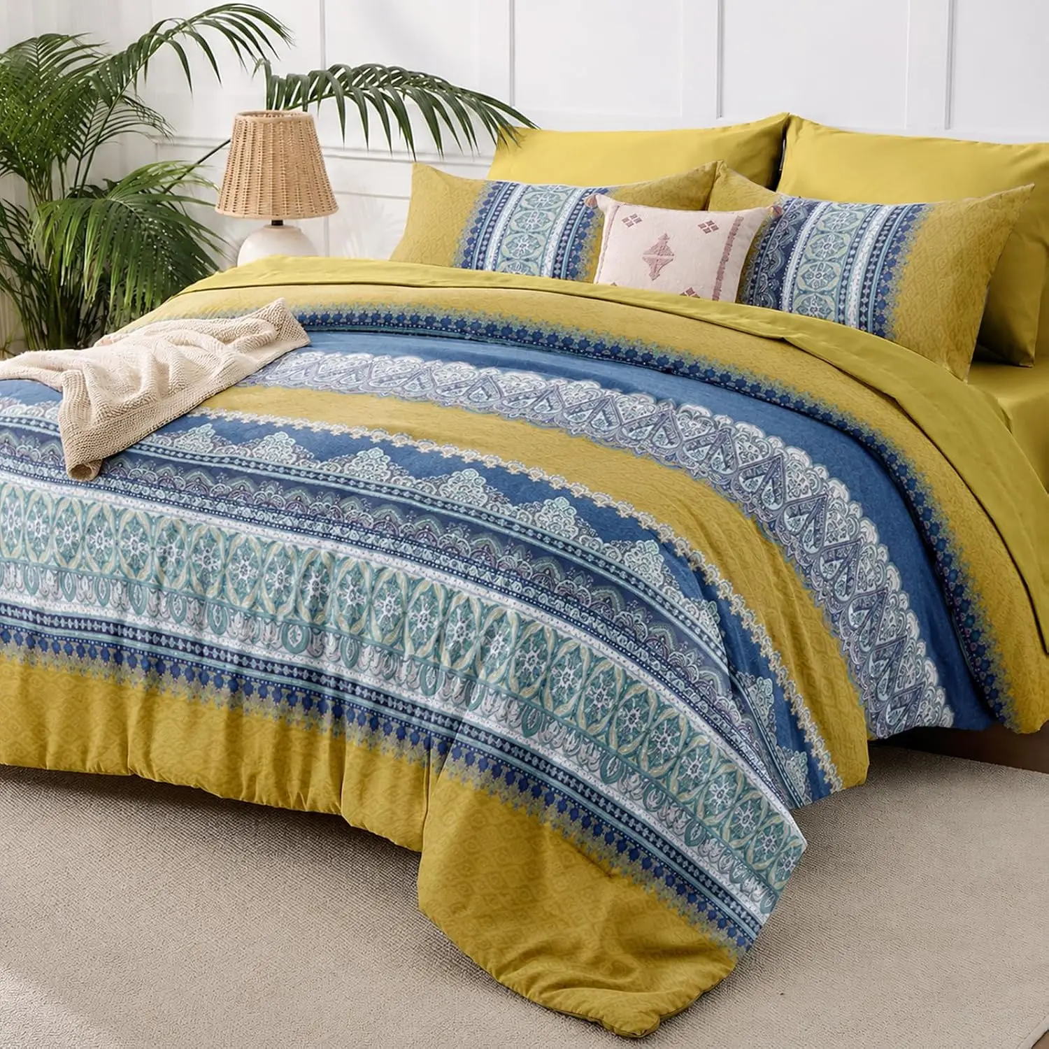 JOLLYVOGUE Queen 7-Piece Cozy Microfibre Comforter Set, Boho Print Reversible Mustard Yellow Bed in a Bag, OEKO-Certified Double Brushed Ultra-Soft Down-Alternative All-Season Microfibre Bedding Set for Whimsical Home Decor