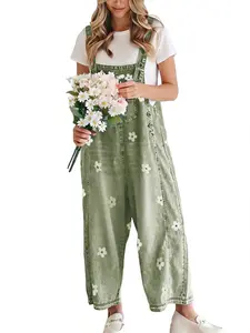 utcoco Women's Bib Overalls, Cute Floral Print Denim Jumpsuit with Baggy Wide Leg and Adjustable Straps, Fashion Apparel