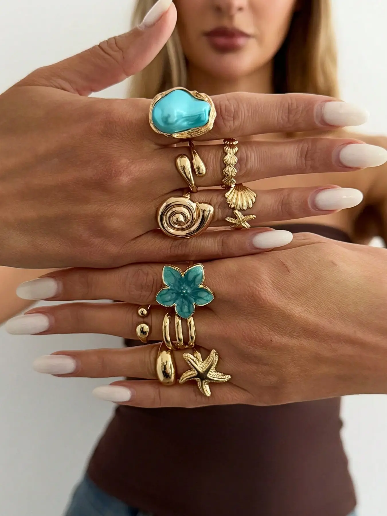 10 Pcs Boho Beach Starfish Ring Set, Boho Style Rings, Alloy Flower Stackable Finger Rings, Beautiful Rings, Party Jewelry, Gift for Holidays, Birthday and Beach