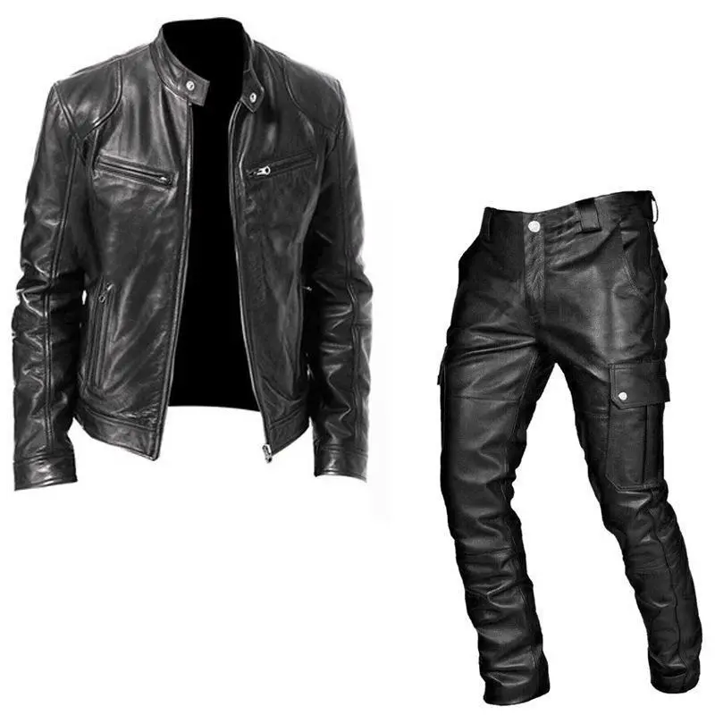 Autumn and winter men's suit, leather jacket, leather pants two-piece set, casual wear, mid pieceGift