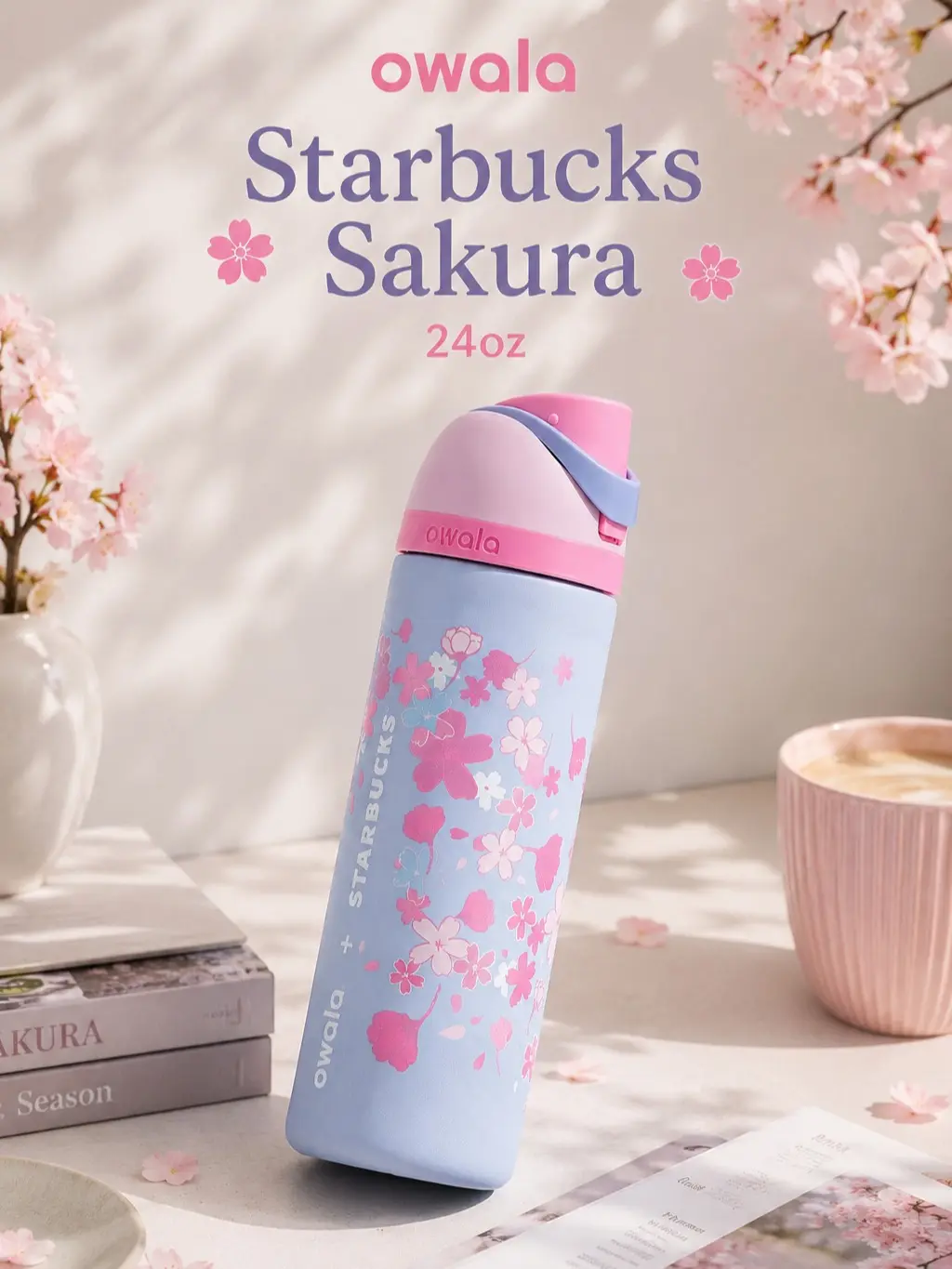 Owala Starbucks Sakura 24oz FreeSip Water Bottle | Limited Edition Pink Floral Insulated Stainless Steel Leakproof Tumbler | Gift for Her