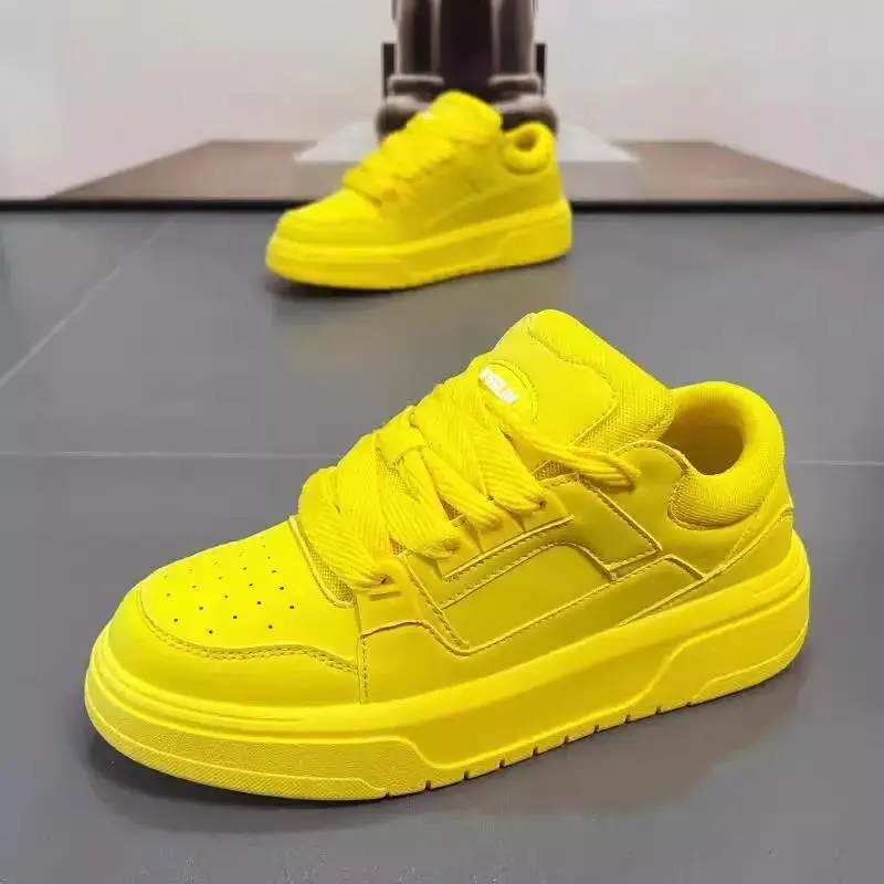 Unisex Solid Bright Yellow Low-Top Platform Athletic Skate Sneakers - Brand New, Breathable, Shock-Absorbing, Supportive Casual Trainers for Summer Street Wear, Skate Use (Multi Sizes)