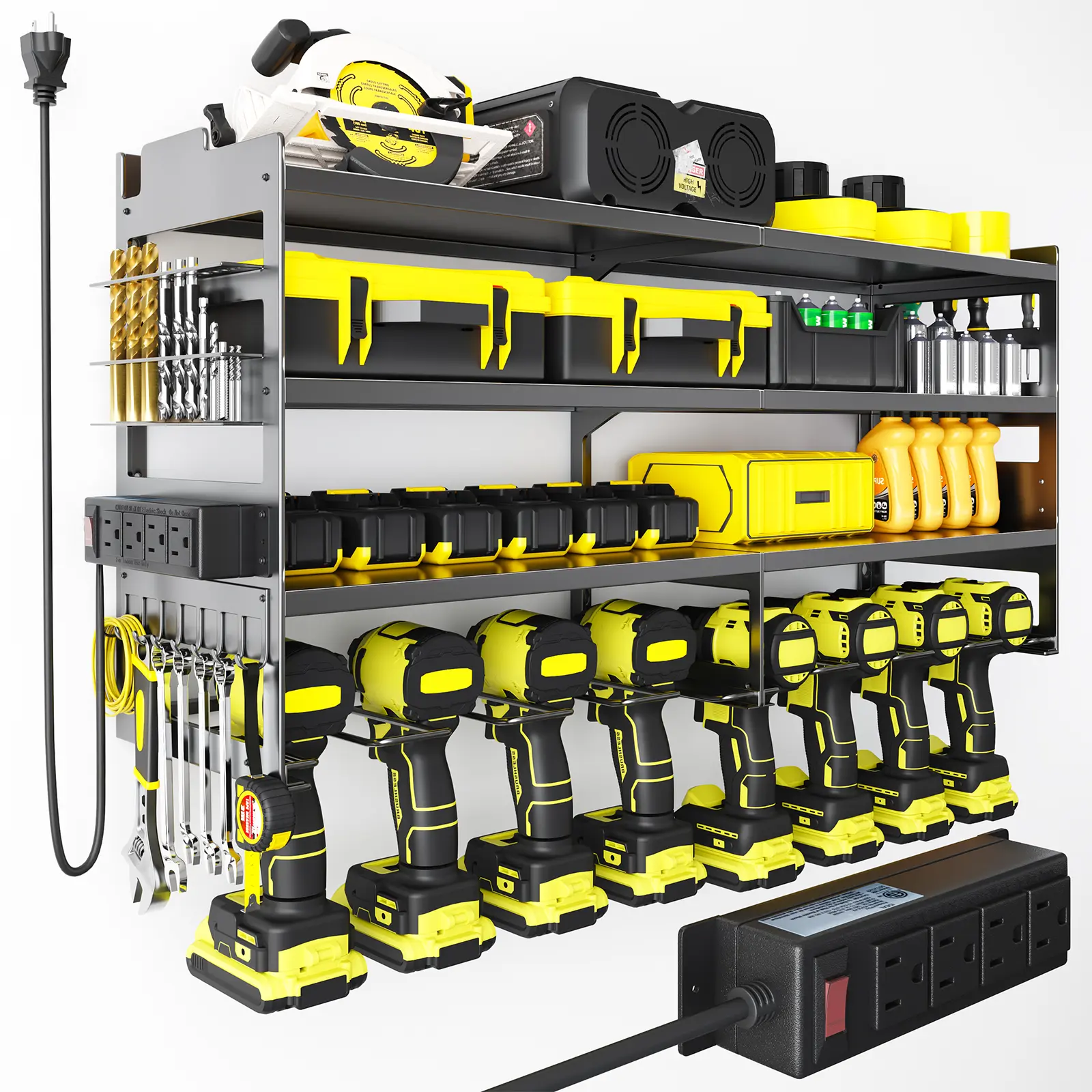 Large Power Tool Organizer Wall Mount with Charging Station,4 Layer Heavy Duty Metal Tool Storage Rack Loads 600lbs with 8 Cordless Drill Holder,Battery Utility Rack Loads with 4 Power Strip