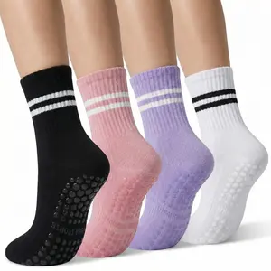 4 Pairs Women's Non Slip Pilates Socks with Grips, Anti-Skid Yoga Crew Socks for Yoga, Barre, Hospital, Workout