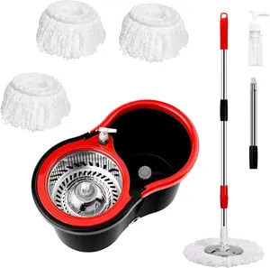 AuraHome 360° Spin Mop and Bucket System with Wringer Self-Wringing Floor Cleaning Set - 3X Absorbent Microfiber Mop Heads - Stainless Steel Handle for Hardwood, Tile & Laminate - Ultimate Deep Clean Kit