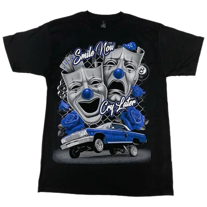 Men's 100% Cotton Round Neck Low Rider Old School Short-Sleeve Bold Graphic Tee - Blue Smile Now Cry Later Silk Screen Streetwear Sports Top, Casual Clothes