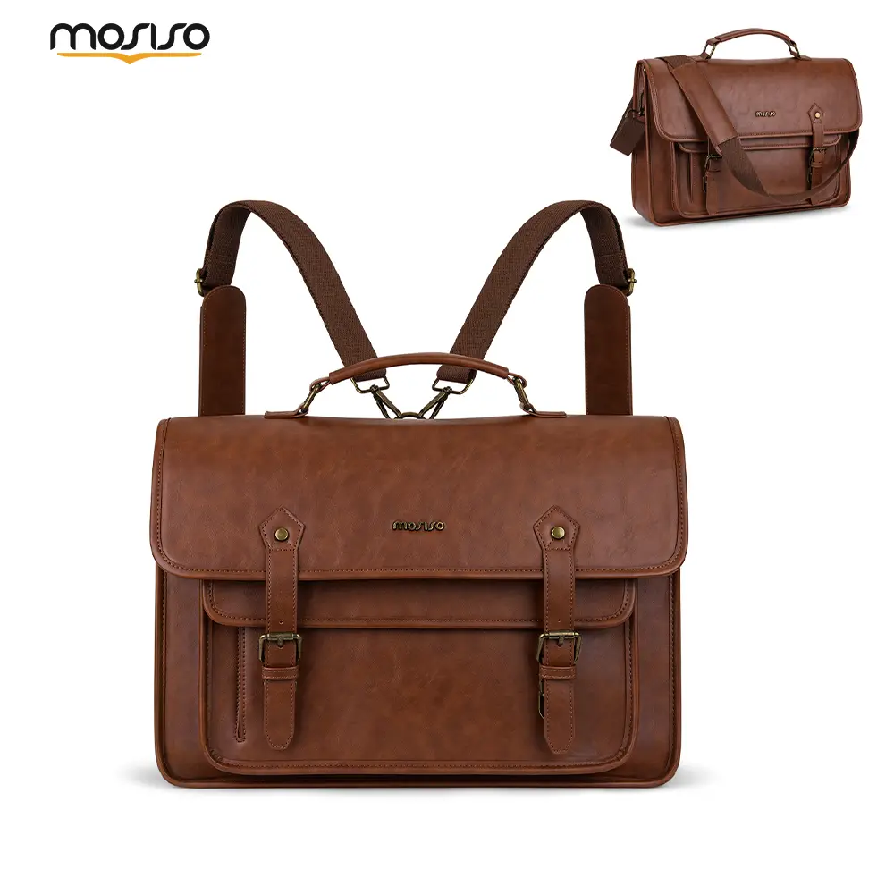 MOSISO 3 in 1 Laptop Bag for Men Women 15.6 Inch, PU Leather Laptop Briefcase Messenger Bag Convertible Backpack Shoulder Computer Bag with Laptop Compartment for Work Business College Travel Fits 15-16 Inch Laptop Brown