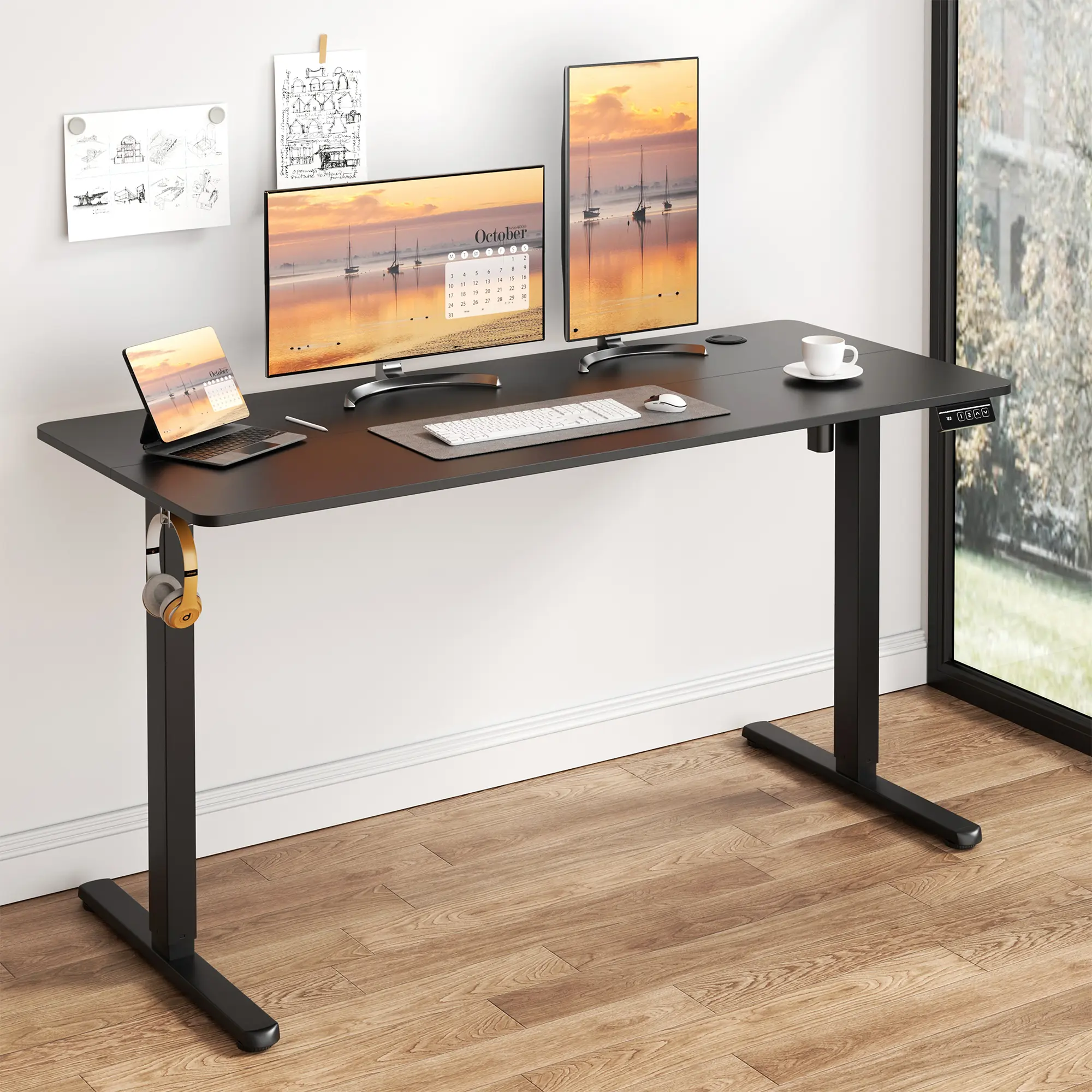 Walsunny Height Adjustable Electric Standing Desk, 63 X 24 inches Sit Stand Home Office Desk Computer Desk, Teacher Student Desk with Splice Board, Blcak, White, Walnut