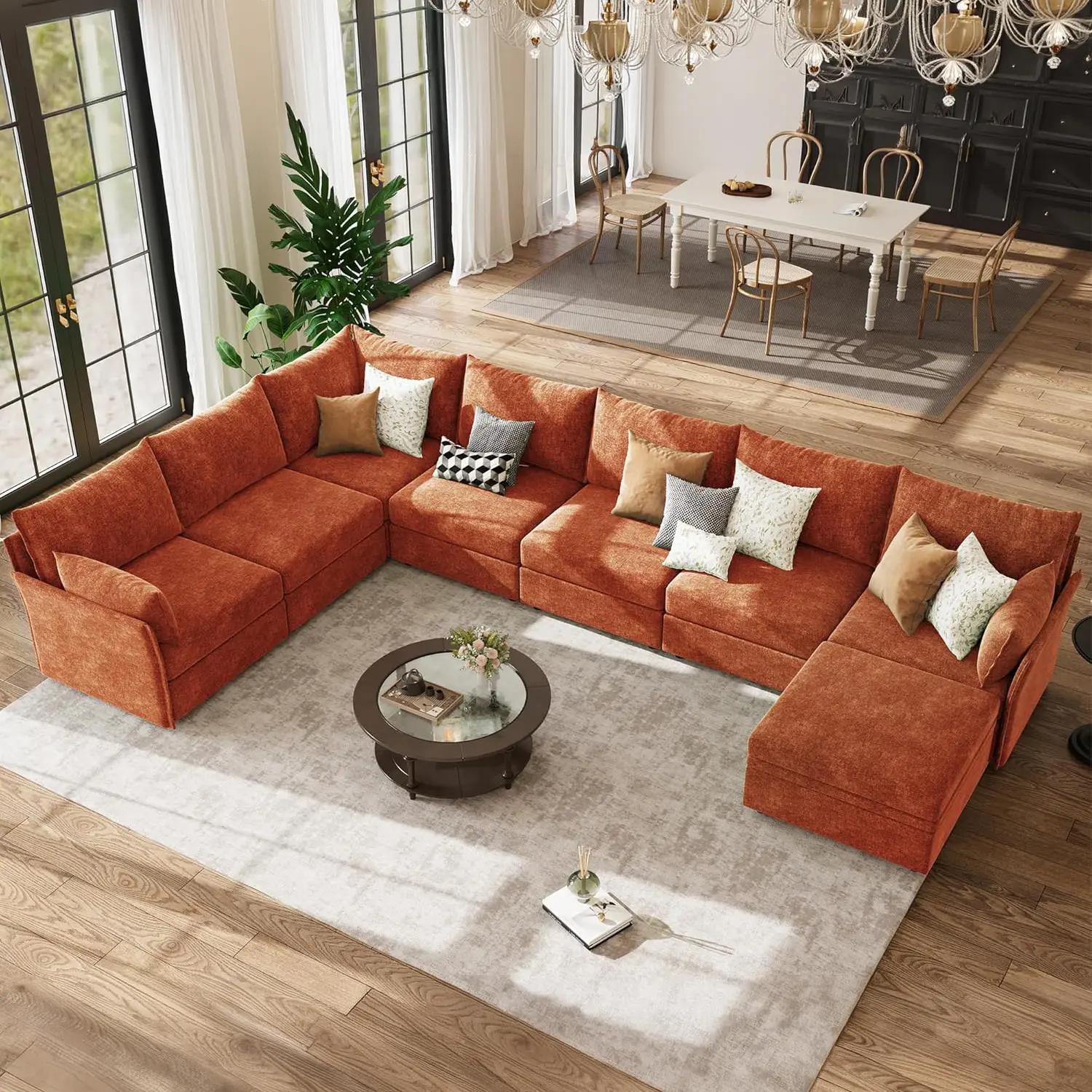 ABCASA 167.5in Solid Modern Sturdy U-Shaped Modular Sectional Sofa - Convertible Chenille Couch with Fixed Arms, Movable Ottoman, Removable Cushions, 8-Seat Deep-Seat Indoor Furniture for Family Living Room (Curved Springs, Assembly Required)